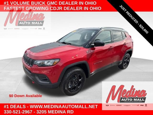 2023 Jeep Compass Trailhawk in Redline Pearlcoat — front three-quarter view