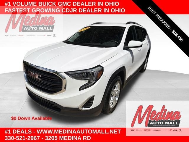 2020 GMC Terrain SLE in Summit White — front three-quarter view