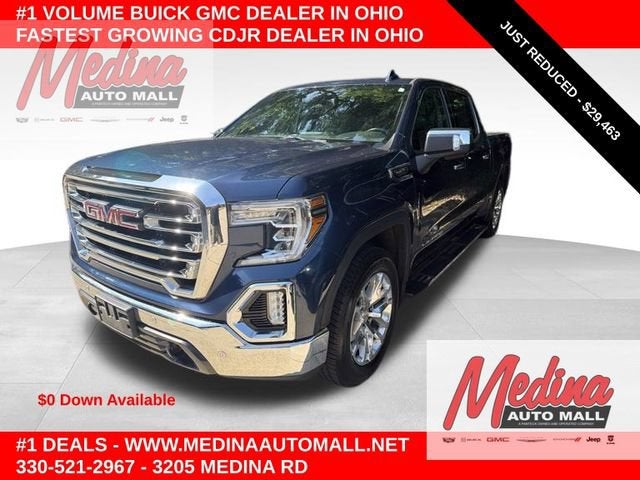 2020 GMC Sierra 1500 SLT in Pacific Blue Metallic — front three-quarter view